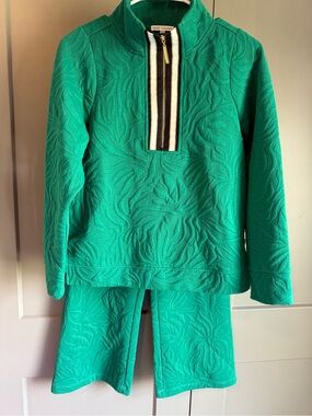 Mary Square Quilted Jacquard 2 Pc Set Green Quarter Zip Pullover Pants XS